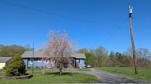 A two-story house with a blue exterior, a driveway, and a tree in front.