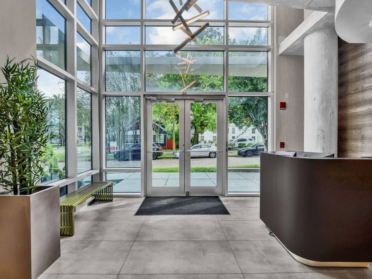 Un área de recepción con puerta de entrada de vidrio, mostrador de recepción, un banco y una planta en maceta.