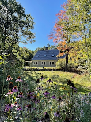 A house with a sloped roof, surrounded by a garden with various flowers and trees. - Spacious 4-bedroom house in charming Hanover with fitness room (Hanover)