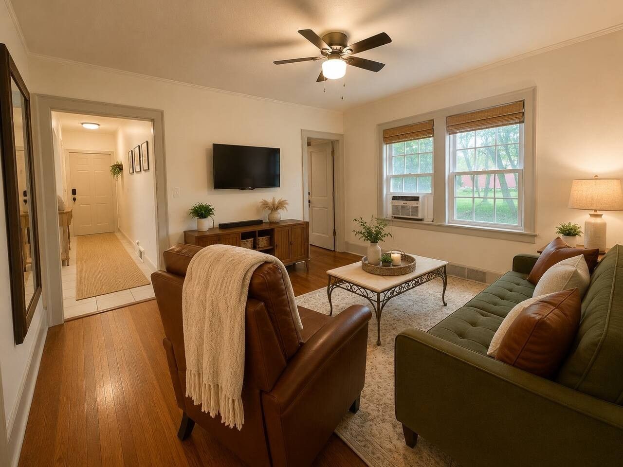 Un salon avec un canapé en cuir marron, un canapé vert, une table basse et un ventilateur de plafond.