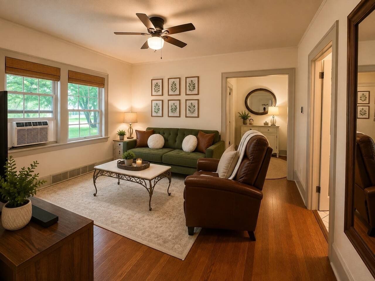 A living room with a green sofa, a brown armchair, a coffee table, and a ceiling fan.