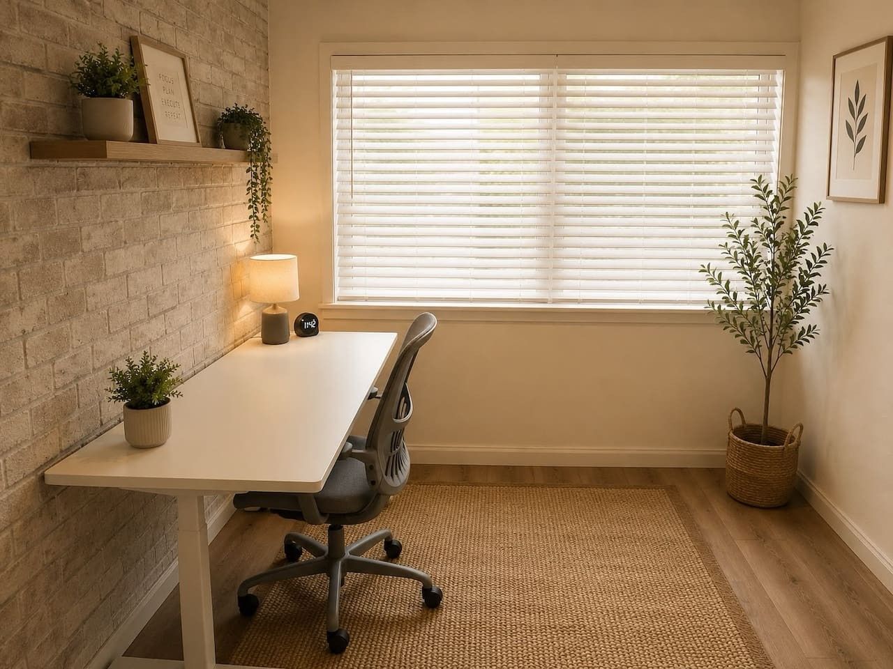 Une pièce avec une table blanche, un fauteuil de bureau noir, une lampe, une plante en pot et une fenêtre avec des stores.