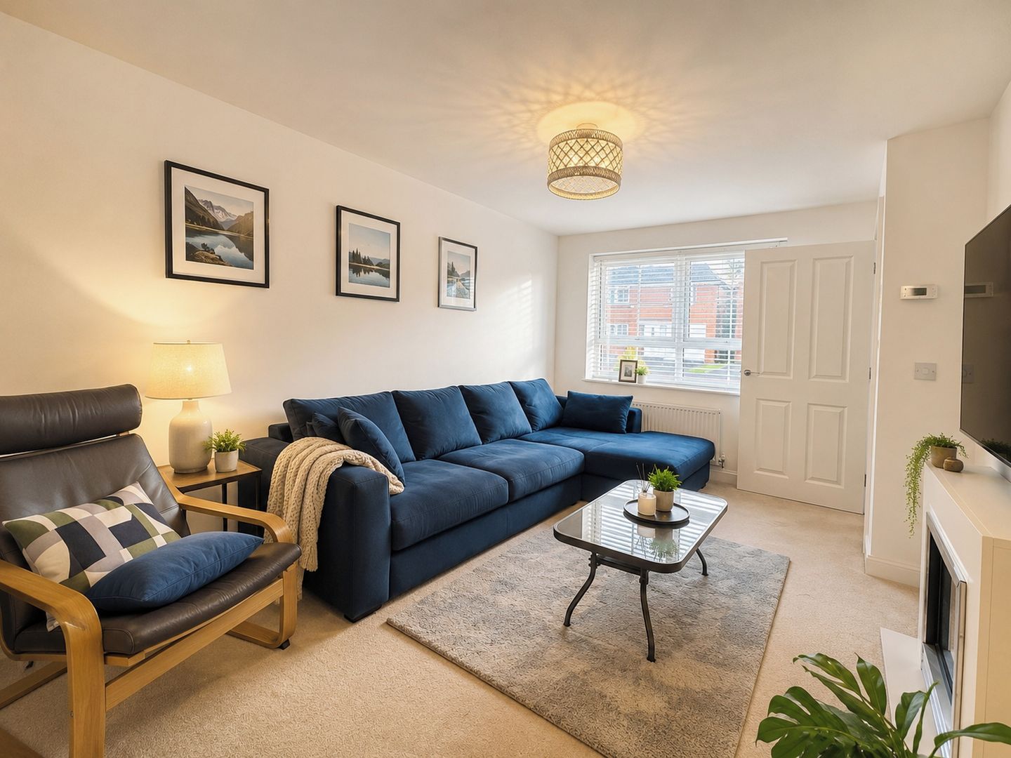 A living room with a sofa, armchair, coffee table, and a television.