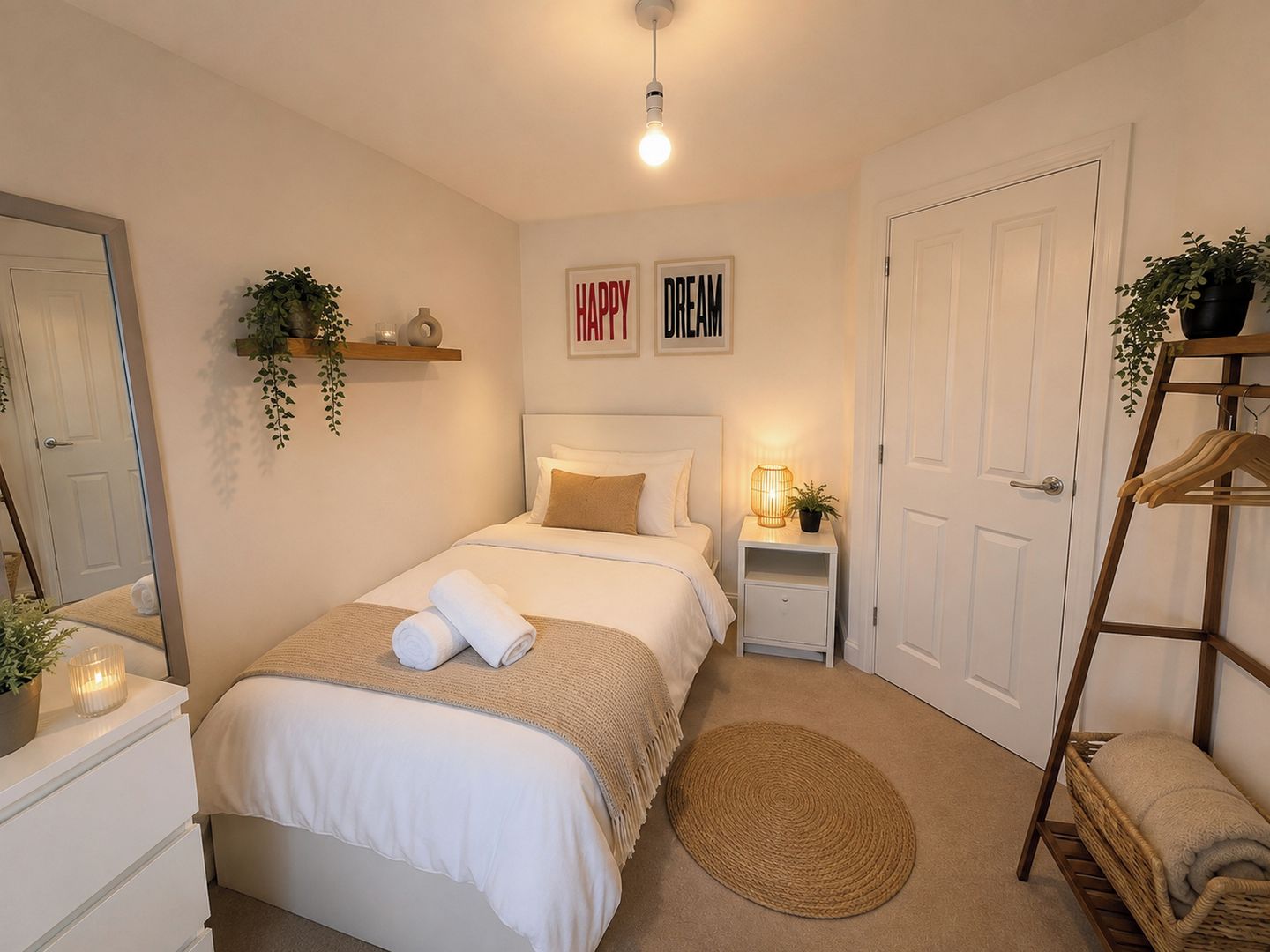 A bedroom with a bed, bedside tables, a mirror, a wall-mounted shelf with plants, a door, and a ladder.