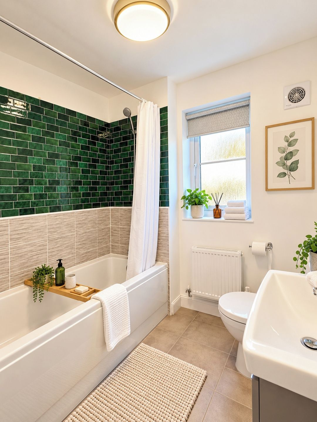 Une salle de bain moderne équipée d’une baignoire, de toilettes et d’un lavabo.