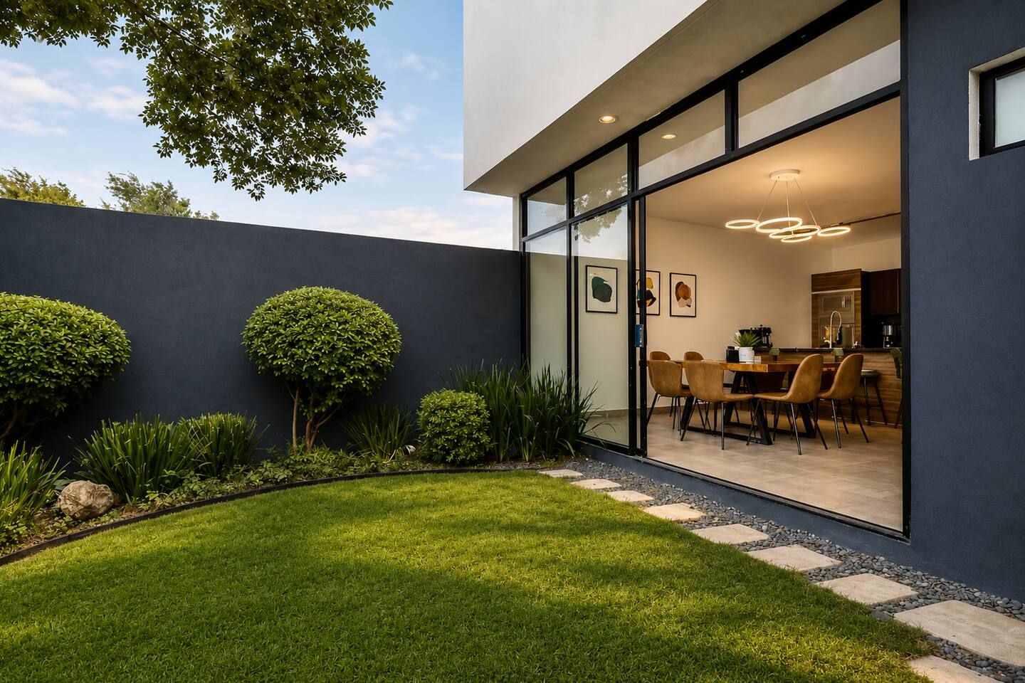 A modern house with a well-maintained lawn, a dining area with chairs, and a kitchen visible through glass doors.