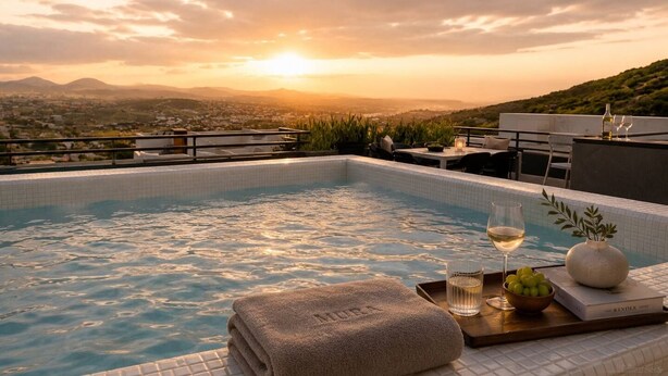 Ein Dachpool mit Infinity-Kante und Sonnenuntergangsblick, eine Essecke mit Außenmöbeln sowie eine Ablage mit einem Weinglas und einer Schale Trauben.