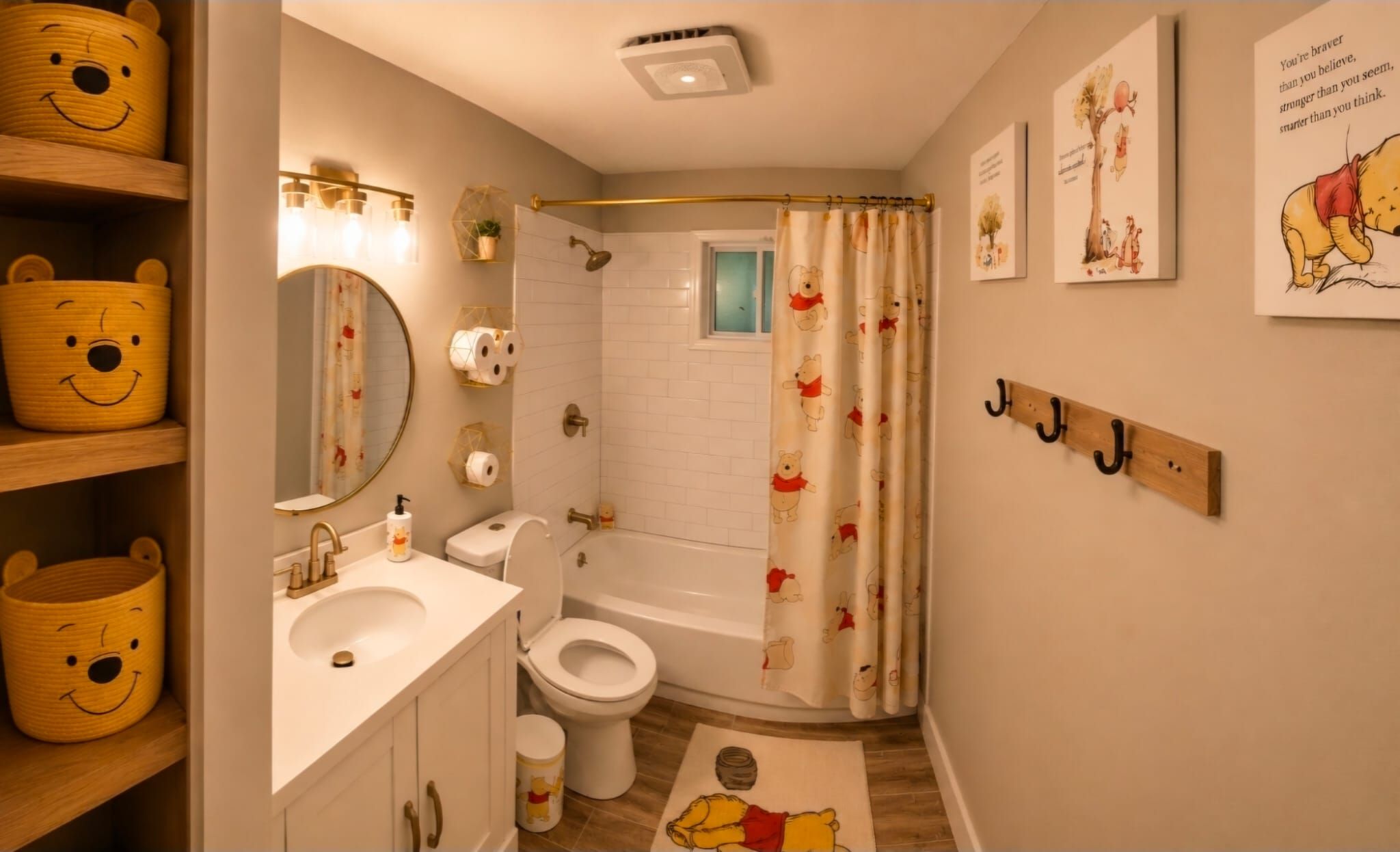 A bathroom with a toilet, sink, and shower curtain featuring cartoon characters.