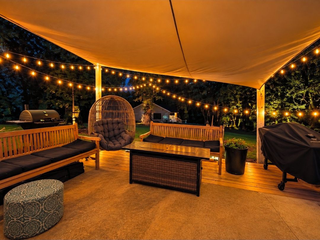 An outdoor seating area with a canopy, string lights, and a grill.