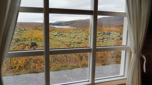 A window with a view of a landscape, curtains partially drawn, and a stone pathway leading outside.