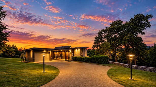 A modern house with a driveway leading to a garage, surrounded by well-maintained lawns and trees. - Work & Relax Retreat, Pool, Wifi, Stocked Kitchen (Nashville)