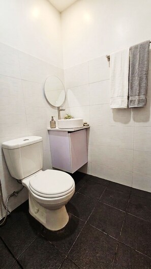 A bathroom with a toilet, a sink, and a mirror.