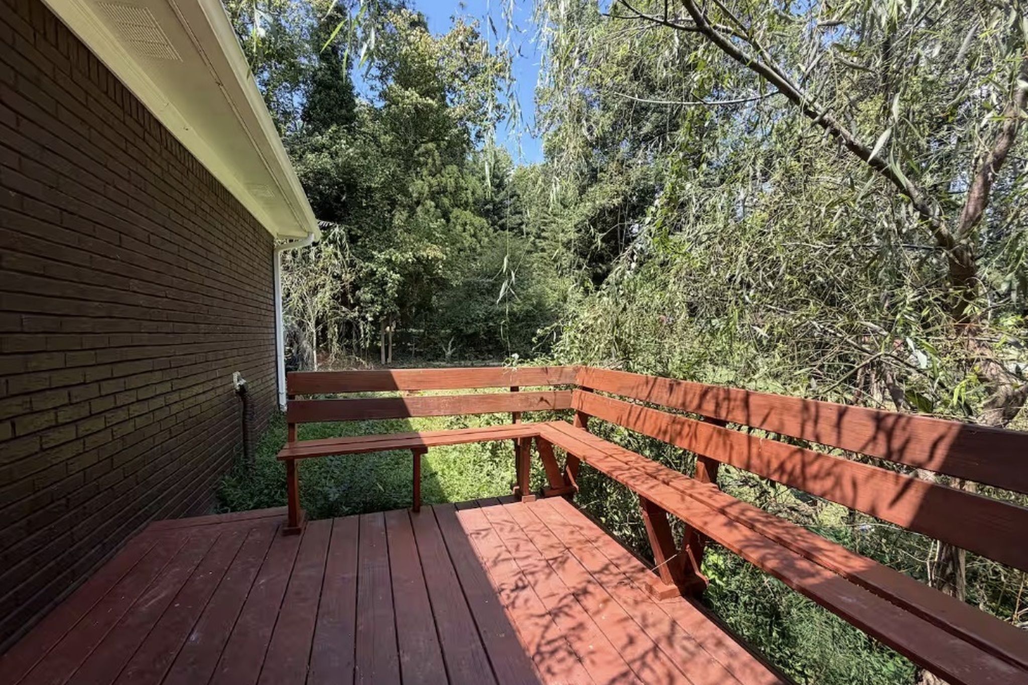 Une terrasse en bois avec un banc, entourée d’une végétation luxuriante et d’un mur de briques.