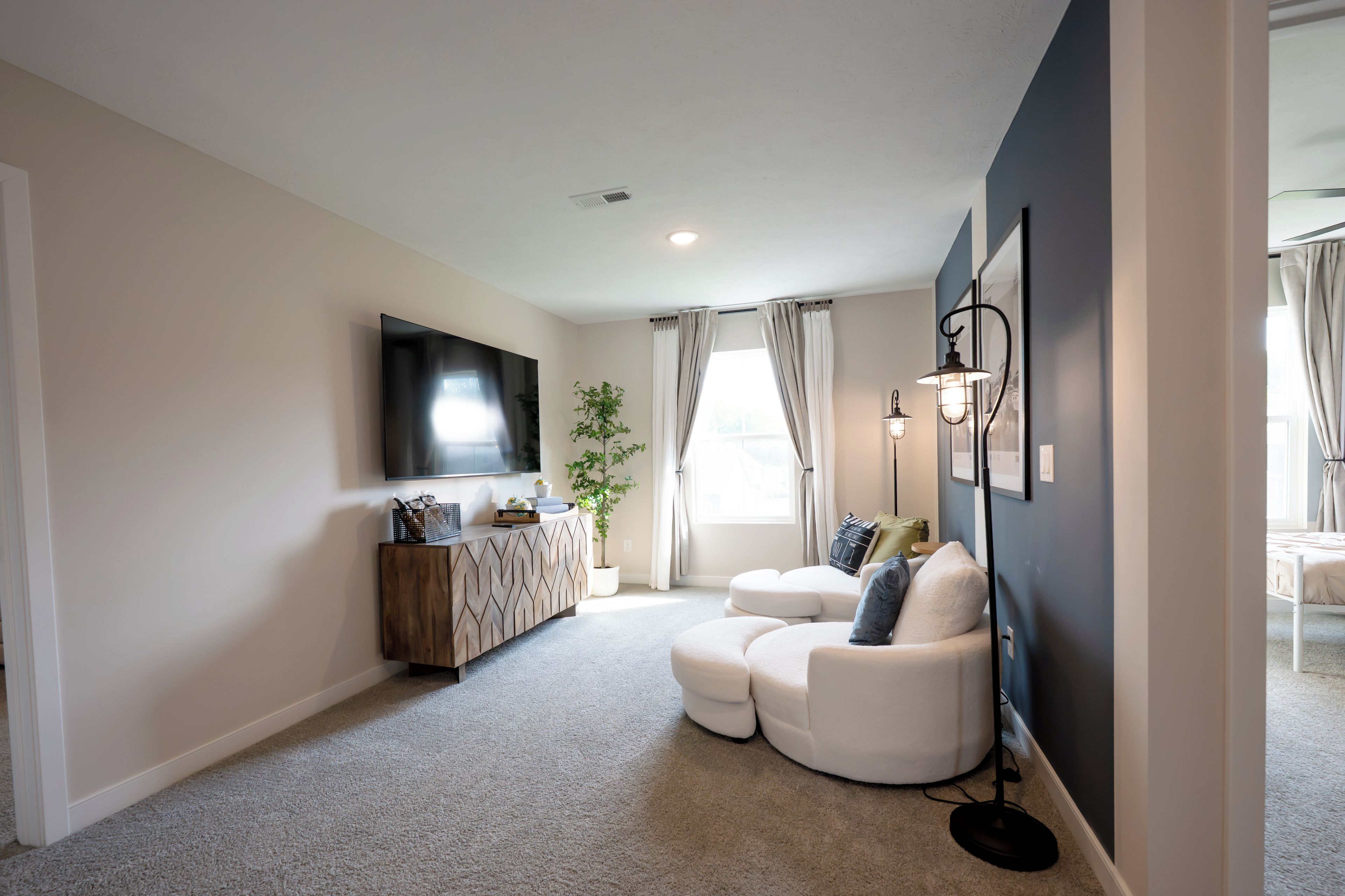 A modern living room with a flat-screen TV, a white sofa, a potted plant, and a decorative light fixture.
