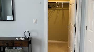 A room with a desk, a mirror, a hanging coat rack, and a door leading to a closet.