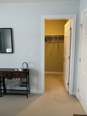 A room with a desk, a mirror, a hanging coat rack, and a door leading to a closet.
