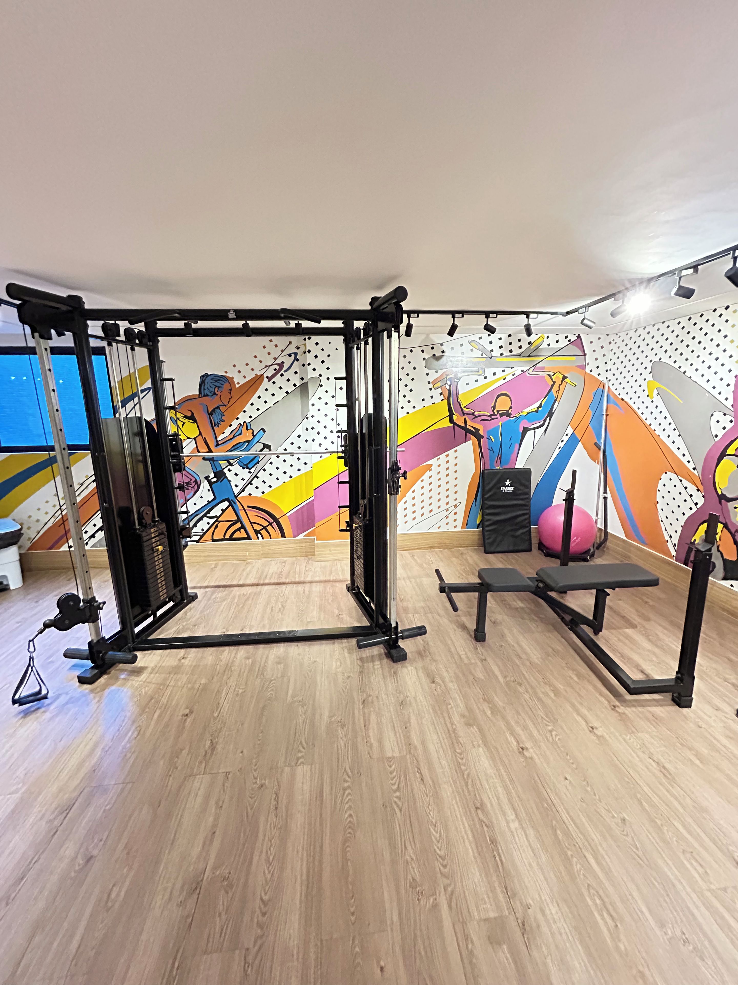 A gym with a pull-up bar, bench press, and a colorful wall mural.