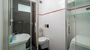 Une salle de bain compacte avec une douche à parois de verre, des toilettes et un lavabo.