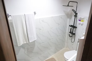 Un baño con ducha, inodoro y dos toallas colgadas en un perchero.