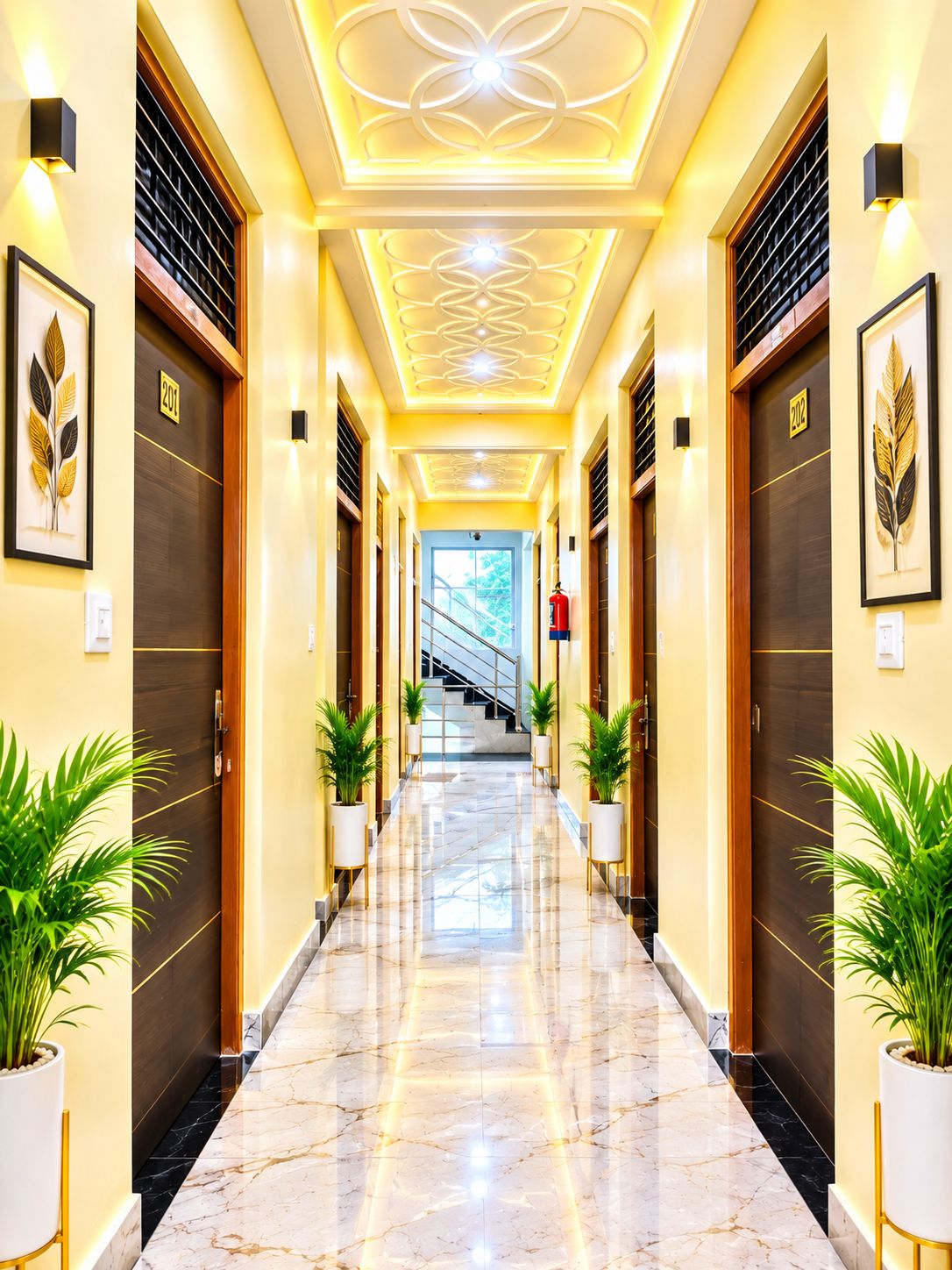 A hotel hallway with marble flooring, wall-mounted light fixtures, and potted plants.