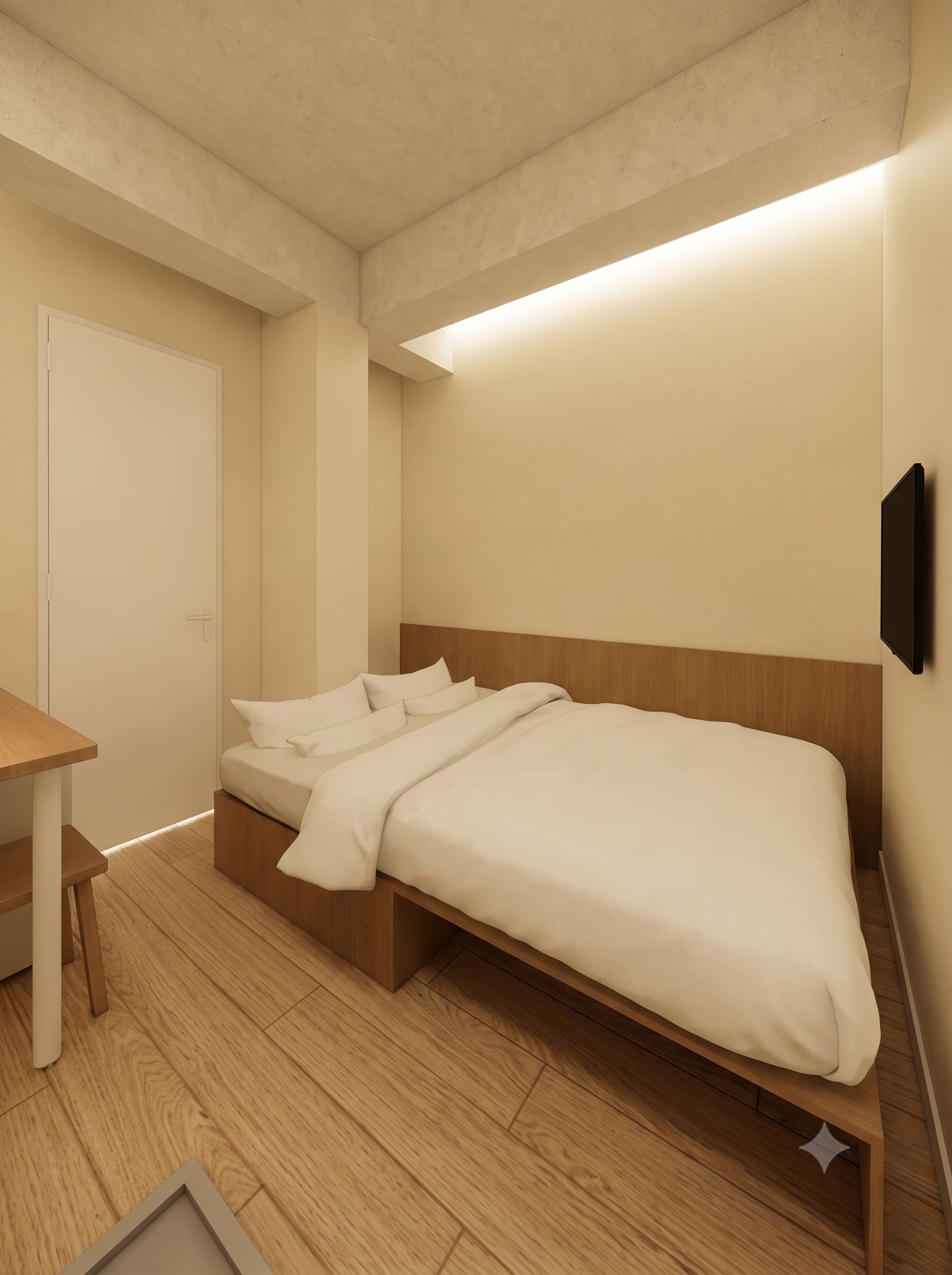 Une chambre d’hôtel au design minimaliste, comprenant un lit, une table de chevet et un téléviseur fixé au mur.