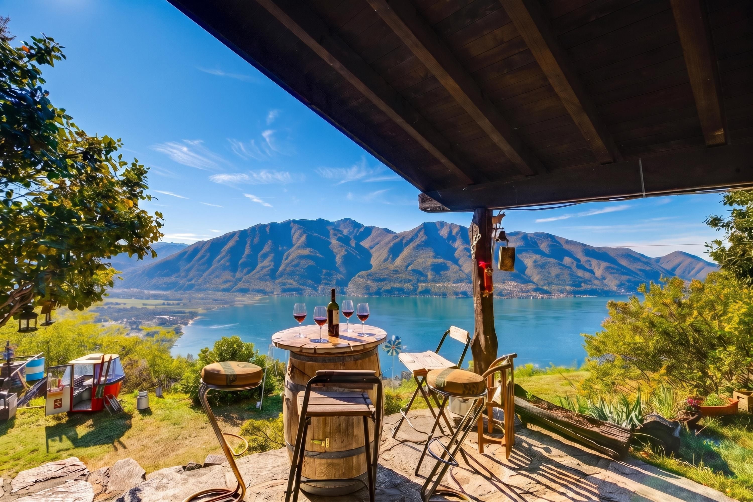 A terrace with a view of mountains and a lake, wooden furniture, and a wine bottle.