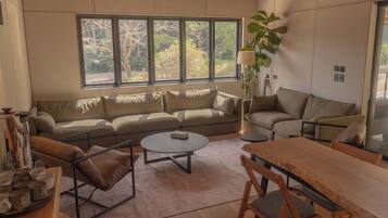 A modern living room with a sofa, a coffee table, and a dining table.