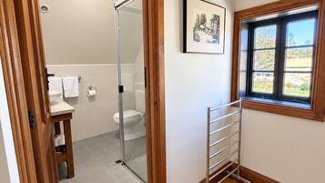 A bathroom with a glass shower door, a toilet, and a towel rack.