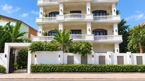 Un hôtel à plusieurs étages, doté de balcons, d’une façade en briques et d’un jardin bien entretenu.