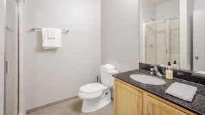 Un bagno moderno con box doccia in vetro, un water bianco, un lavabo con piano in granito e mobili in legno.