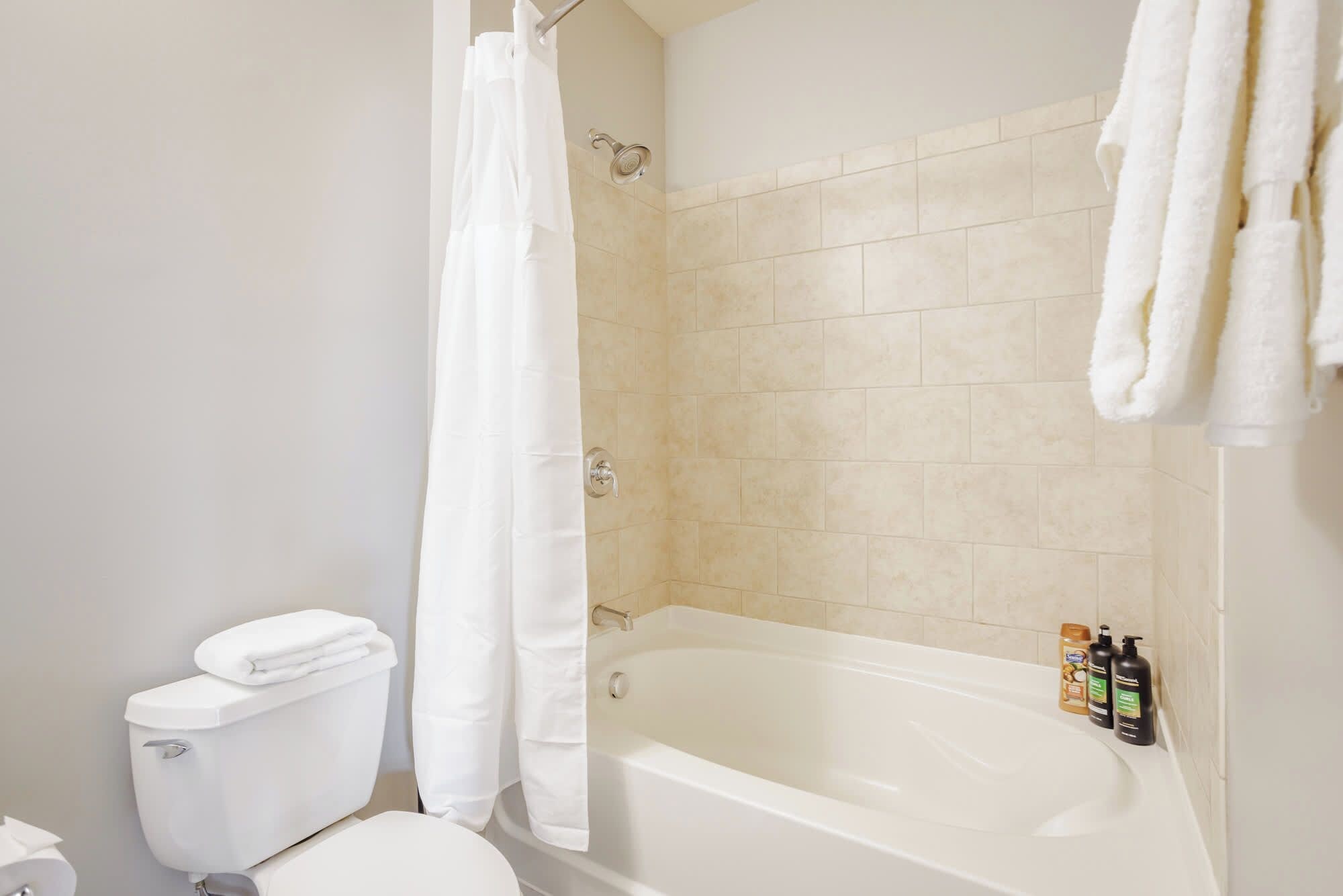 Une salle de bain avec une baignoire, des toilettes et un rideau de douche.