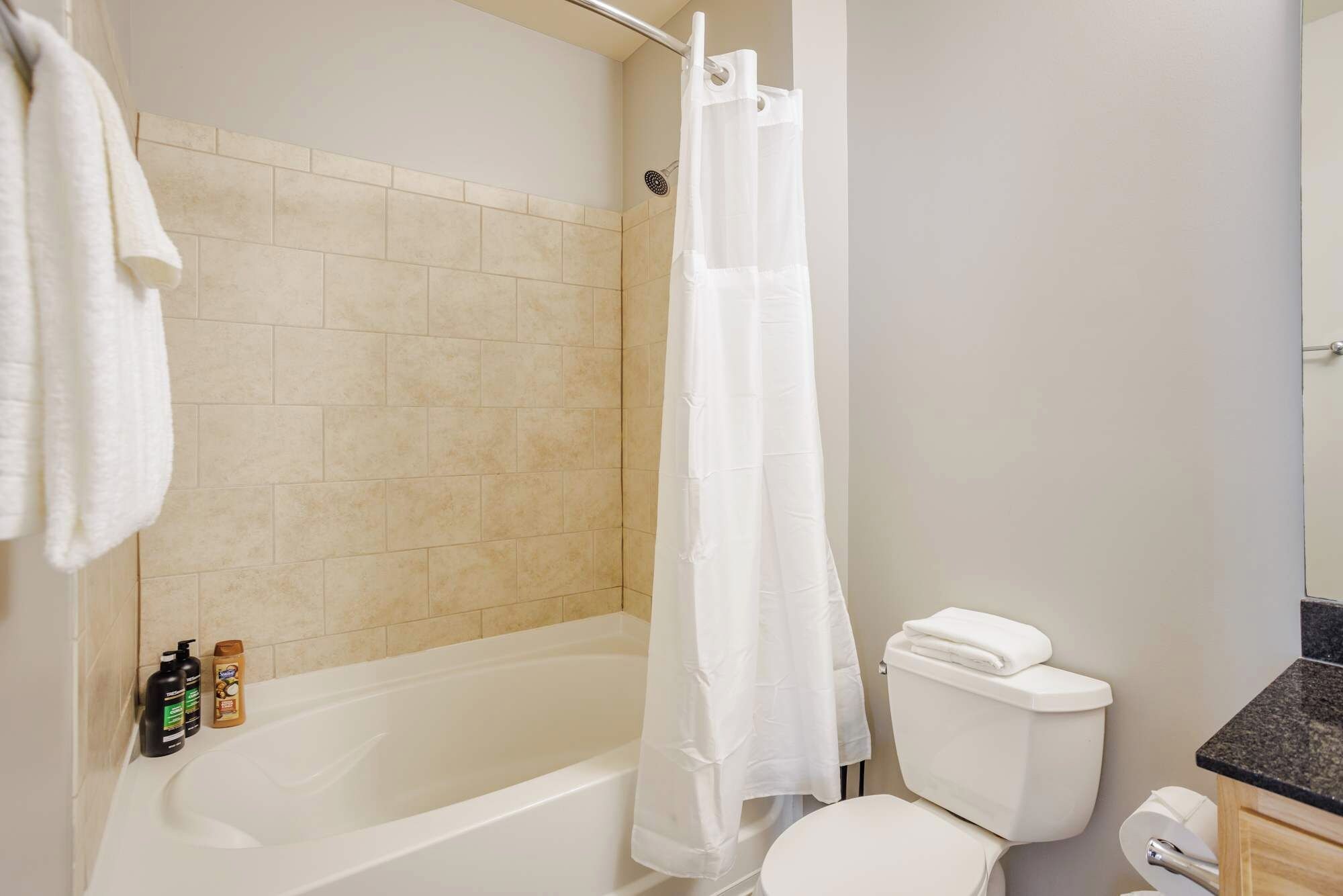 Une salle de bain avec une baignoire, des toilettes et un rideau de douche.