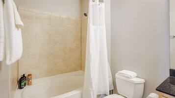 Une salle de bain avec une baignoire, des toilettes et un rideau de douche.
