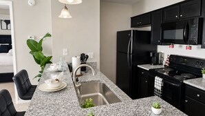 Une cuisine moderne dotée d’un plan de travail en granit, d’un évier en acier inoxydable, d’appareils électroménagers noirs et d’un luminaire suspendu.