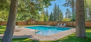 Ein rechteckiger Pool mit Holzterrasse, umgeben von Bäumen und einem Holzzaun.