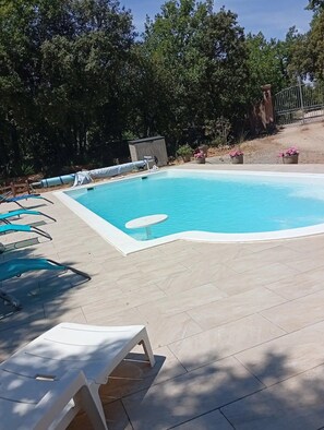 A swimming pool with lounge chairs and a small table, surrounded by trees and a fenced area.