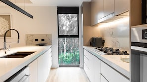 Cozinha moderna com fogão embutido, pia e janela com vista para uma floresta.
