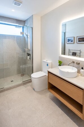 Une salle de bain moderne avec une douche à l’italienne en verre, des toilettes, un lavabo avec un miroir et une petite plante posée sur le comptoir.
