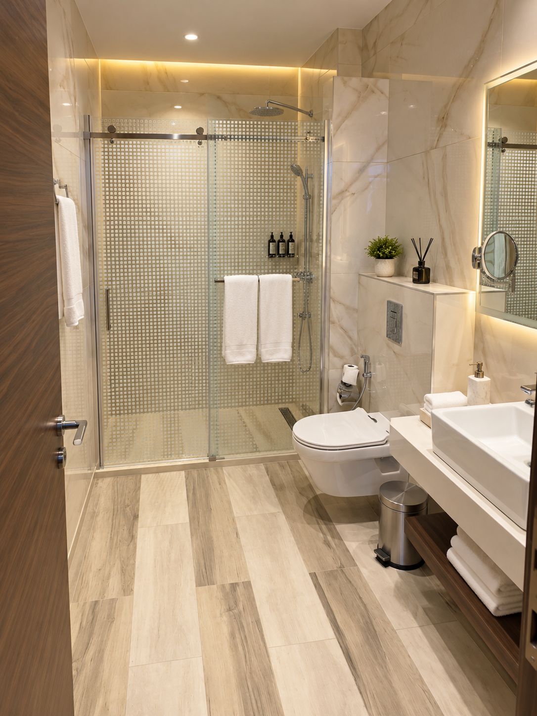 A modern bathroom with a glass-enclosed shower, a toilet, a sink, and a mirror.