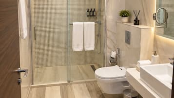 A modern bathroom with a glass-enclosed shower, a toilet, a sink, and a mirror.