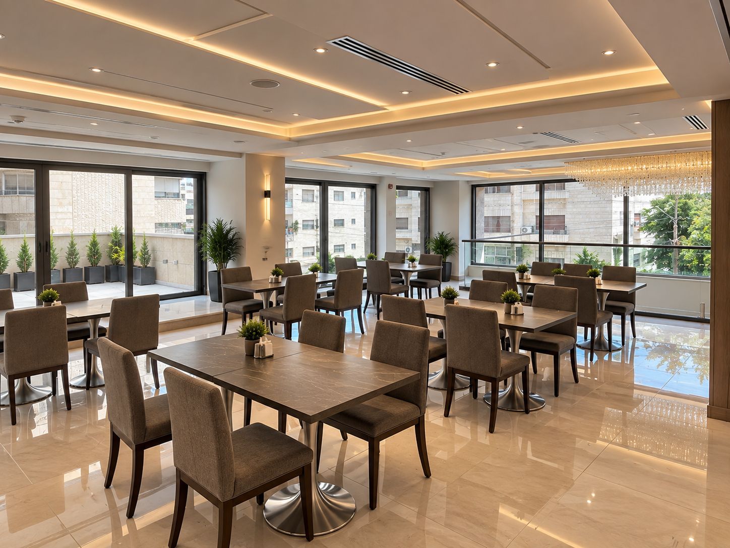 A spacious indoor dining area with multiple tables and chairs, large windows offering views of the city, and modern lighting fixtures.