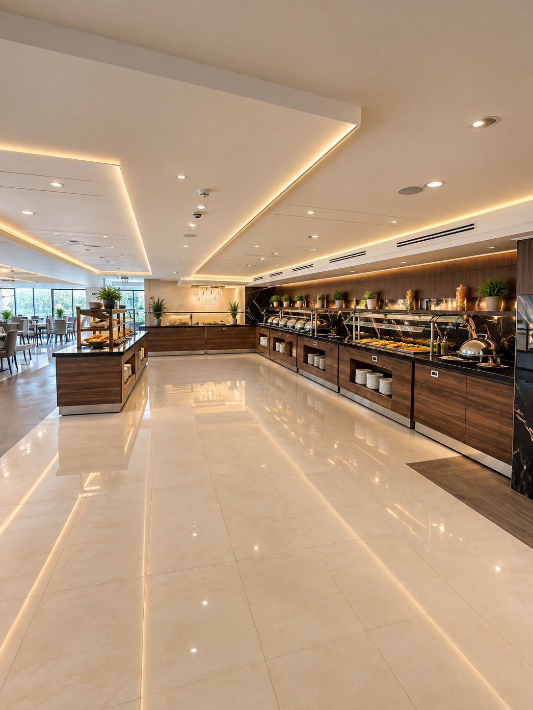 Un espace buffet moderne et bien éclairé, doté d’un comptoir en marbre, offrant une grande variété de plats, et comprenant un coin repas avec des tables et des chaises.