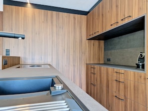 Eine moderne Küche mit Holzschränken, einem eingebauten Herd und einer Arbeitsplatte.
