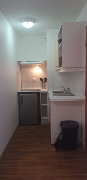 A compact kitchen with a refrigerator, sink, and a small trash bin. - StFrançoisLongchamp - At the Base of the Slopes - Balcony, Elevator & Ski Locker—4–6 People (Saint François Longchamp)