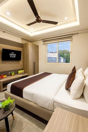 Habitación de hotel con cama, televisión, ventilador de techo, ventana y una pequeña mesa con una planta.