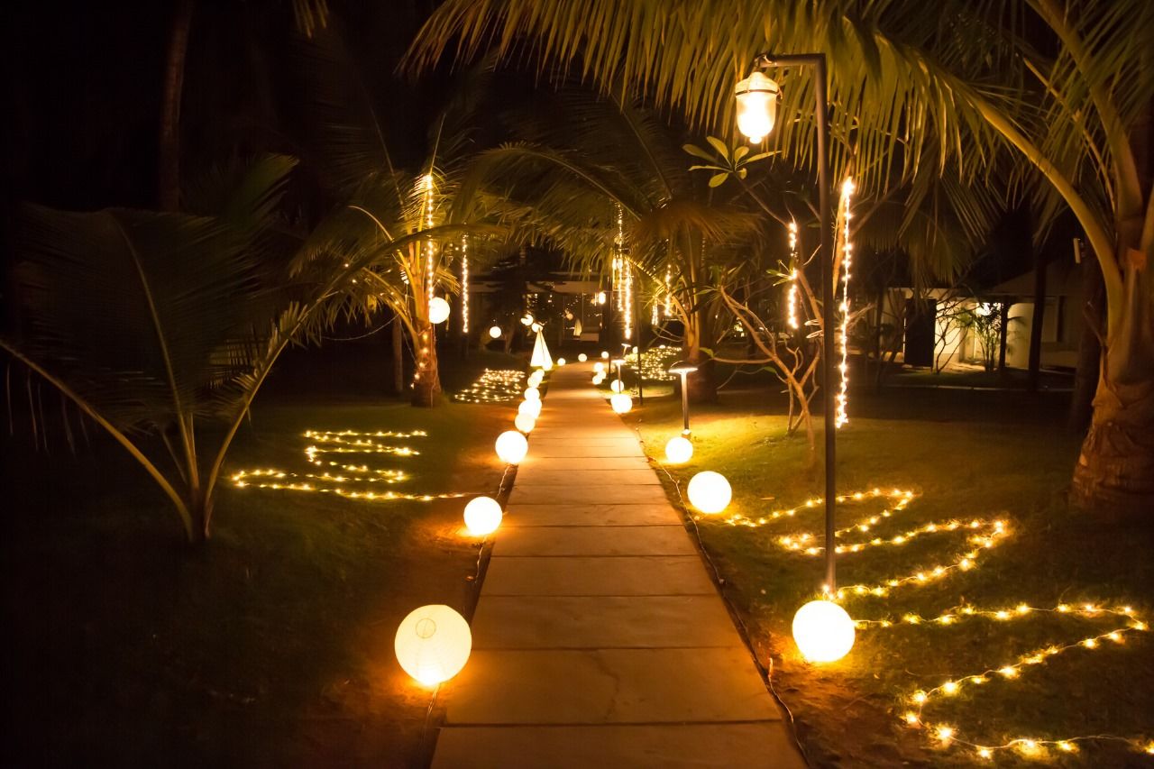 Un sendero iluminado por luces y bordeado de palmeras que conduce a un edificio.