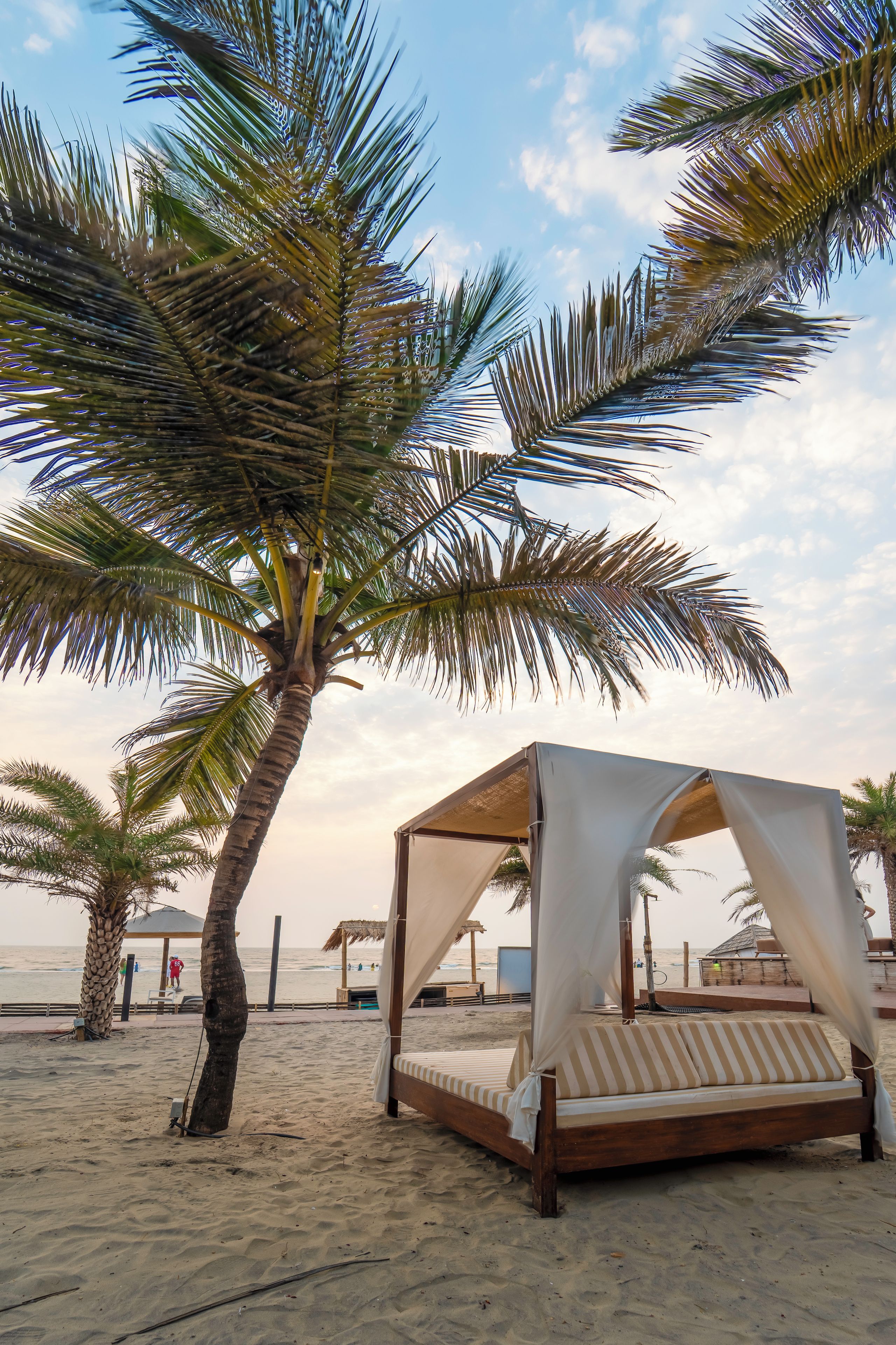 Eine Strandlandschaft mit einem Baldachinbett, Palmen und blauem Himmel.