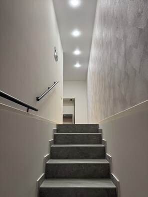 Un escalier moderne avec une rampe, menant à une pièce dont la porte se trouve en haut.