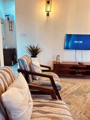 A living room with a sofa, a TV, a wall-mounted light, and a potted plant.