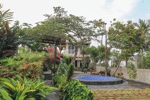 A courtyard with a swimming pool, surrounded by various plants and trees.
